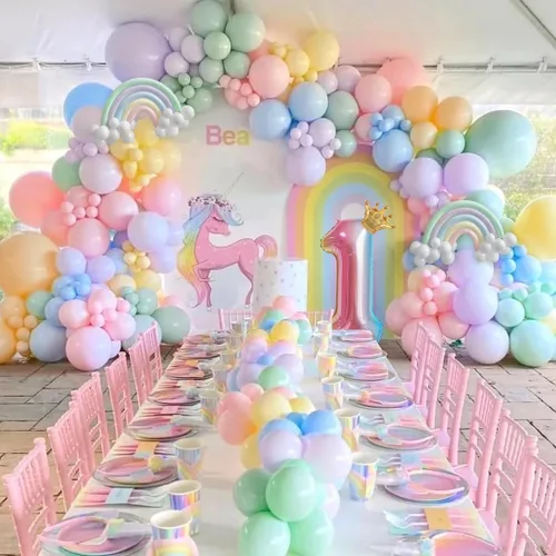Miniatura 7 de Kit de guirnalda de globos pastel, 219 piezas, diferentes tamaños de 18, 10, 5 pulgadas, globos de arcoíris pastel y margaritas para el primer