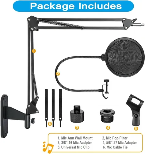 Miniatura 7 de Soporte de pared para micrófono, soporte de pared para micrófono Logitech Blue Yeti, Razer, HyperX, Shure, Rode Mic Broadcasting, Voice-Over