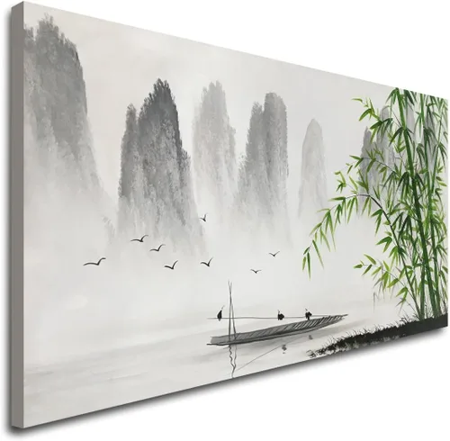 Pintura Shanshui China en Blanco y Negro, Arte de Pared de Paisaje Verde Bambú, Obra de Arte en Lienzo
