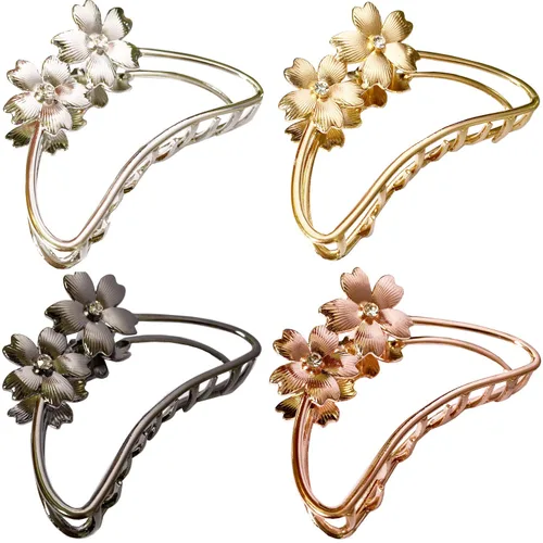 TANG SONG 4 pinzas de metal con forma de flores dobles para el cabello, pasador de mandíbula para mujeres, horquillas de medio moño para cabello