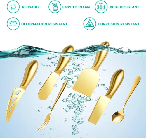 Miniatura 3 de Juego de cuchillos de queso LifeMusican dorados para tabla de embutidos, kit de cuchillos de acero inoxidable para cortar queso y untar mantequilla