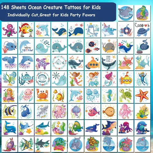 Miniatura 3 de CHARLENT 148 tatuajes temporales de animales oceánicos para niños, tatuajes individuales de criaturas marinas para niños y niñas, regalos de fiesta