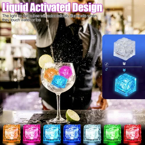 Miniatura 3 de Paquete de 160 cubos de hielo iluminados para bebidas, cubos de hielo LED con luces que cambian de color, activadas por agua, grado alimenticio
