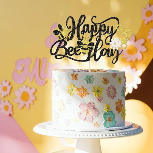 Miniatura 4 de ZHUOWEISM 1 decoración para pastel con diseño de abeja y flores con purpurina de panal de abejorros para pastel de cumpleaños, para temática