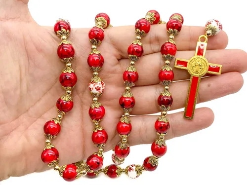Miniatura 7 de Nazareth Store Saint Benedict 10mm Glass Rosary Beads Catholic Necklace Flowers Mystery Bead Miraculous Medal Locket Cross Prayer Rosarios Catolicos