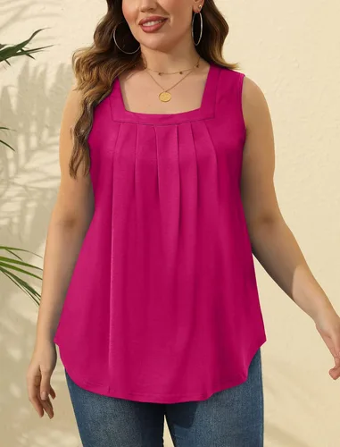 Miniatura 25 de Saloogoe - Camisetas sin mangas veraniegas para mujeres, plisadas con cuello cuadrado y dobladillo curvado, blusas de ajuste holgado con movimiento