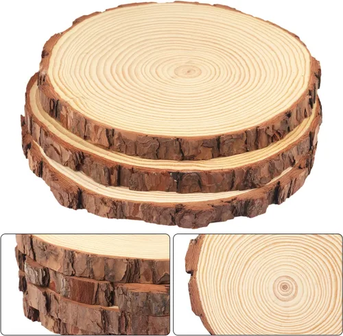 Miniatura 3 de 8 piezas de rodajas de madera natural de 7-8 pulgadas, círculos de madera de pino sin acabar con corteza para posavasos, manualidades de bricolaje