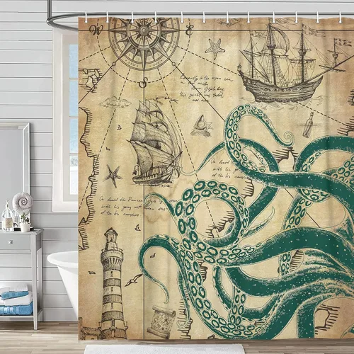 Miniatura 11 de Octopus Decor - Cortina de ducha para caravana, remolque, baño, divertido juego de cortinas de ducha pequeñas y estrechas de tela en blanco y negro