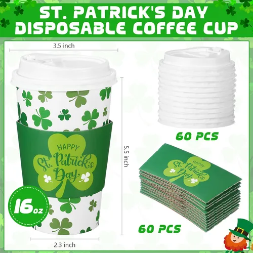 Miniatura 2 de Jingmore Paquete de 60 tazas de café desechables del día de San Patricio con tapas y fundas de 16 onzas, tazas de café irlandesas de papel de trébol