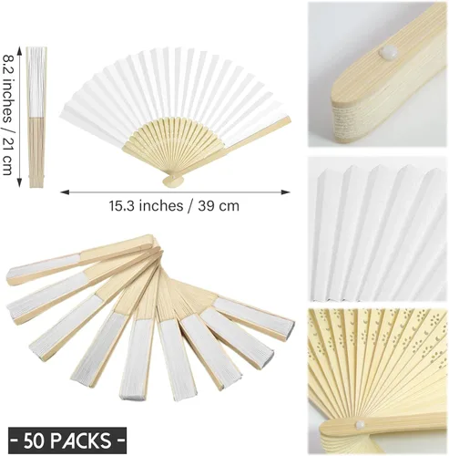 Miniatura 2 de 50 paquetes de abanicos de papel blanco ventilador de mano de bambú plegable ventilador de mano ventilador de papel plegable ventilador de papel