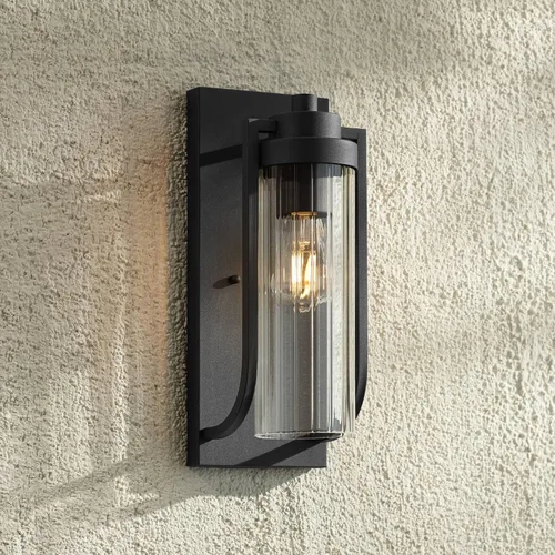 Miniatura 7 de Possini Euro Design Bogata - Moderna lámpara de pared para exteriores, acero negro texturizado, 15 1/2 pulgadas, cristal cilíndrico acanalado