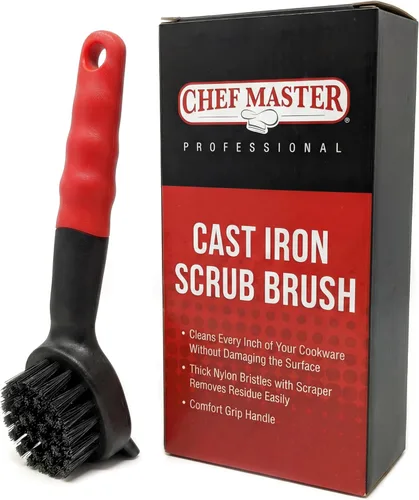 Cepillo de hierro fundido con raspador resistente, limpiador de platos de cerdas de nailon para sartenes, sartenes y woks - Limpiador de cocina