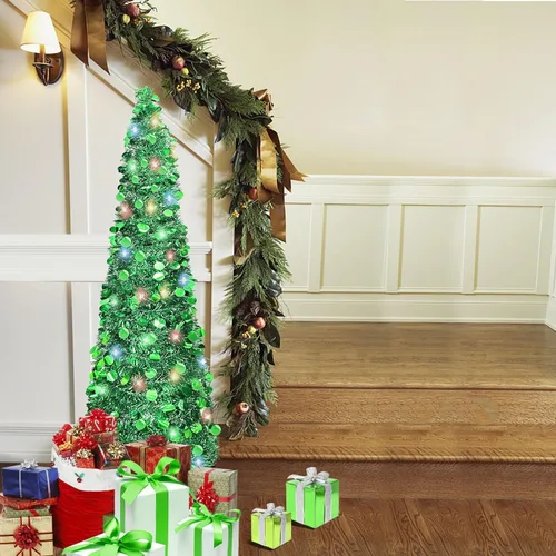 Miniatura 3 de Árbol de Navidad de 5 pies tipo lápiz, árbol artificial plegable con lentejuelas, árbol de Navidad tipo lápiz delgado con escarcha, árbol de Navidad