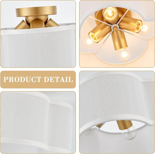 Miniatura 7 de VILUXY Luces de techo semiempotradas doradas, lámpara de techo moderna de 4 luces con pantalla de tela plisada blanca en pantalla de flores, lámpara
