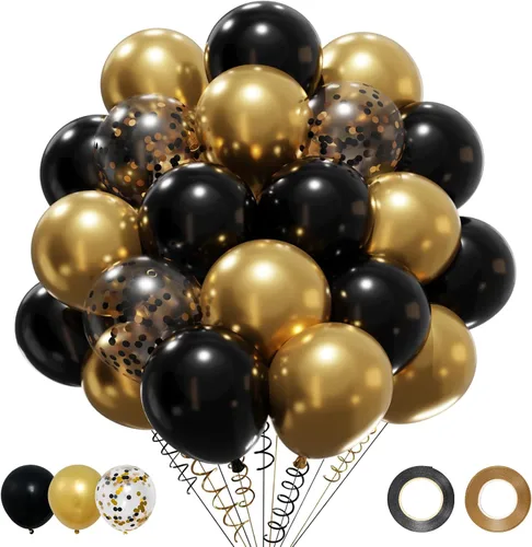 Miniatura 27 de Patimate Juego de globos de confeti negro y dorado, kit de 50 piezas de globos de látex de confeti metálico dorado negro y blanco de 12 pulgadas