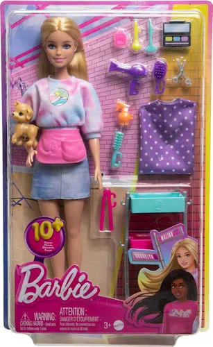 Miniatura 6 de Muñeca Barbie Estilista y 14 Accesorios, Muñeca Rubia "Malibu" de Barbie con Carro, Bata, Paleta de Maquillaje, Cachorro y Más