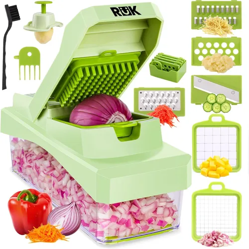 RüK Picador de verduras 10 en 1 – Picador de verduras de 6 cuchillas con contenedor, cortador de alimentos, cortador de cebolla, rallador de queso,