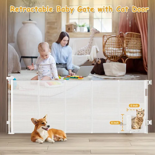 Miniatura 2 de Puerta retráctil extra ancha reforzada de 90 pulgadas para bebés con puerta para gatos, puertas retráctiles de 33 pulgadas de alto para perros Blanco