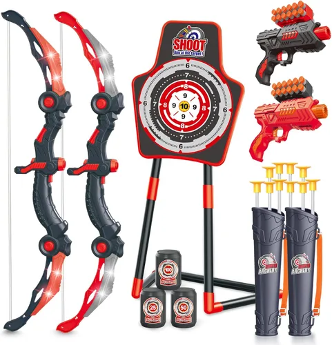 Miniatura 10 de SpringFlower 2 Bow and Arrow Sets with LED Light-up,2 Foam Dart Guns for Kids 5 6 7 8 9 10+ Years Old, Archery Set with Standing Target for Boys &