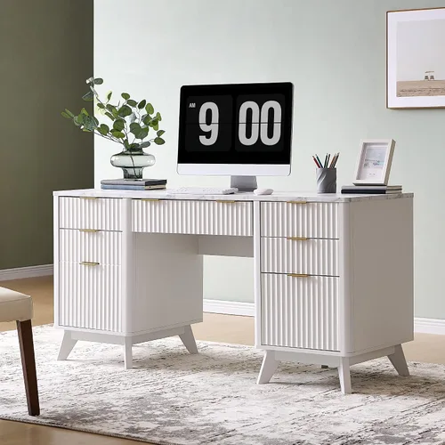 Miniatura 9 de T4TREAM Fluted Executive Desk with Drawers, 60" Modern Home Office Computer Desk with Charging Station, File Cabinet, Keyboard Tray and Storage
