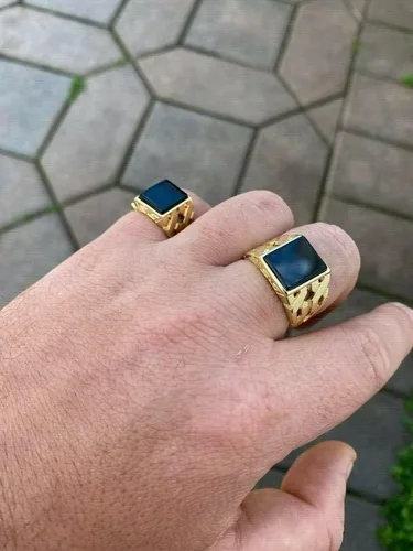 Miniatura 8 de Anillo de oro de 14 quilates sobre plata de ley 925 maciza real, anillo de ónix negro natural, anillo rectangular de hip hop, precioso anillo