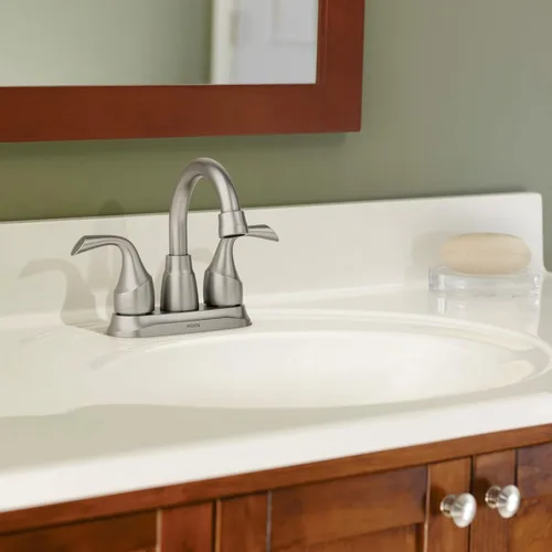 Miniatura 9 de Moen Idora – Grifo de lavabo de baño con dos asas, centrado, de níquel cepillado resistente a las manchas, con montaje de desagüe, 84115SRN