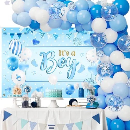 Miniatura 2 de Mocsicka Telón de fondo azul para baby shower para niño, pancarta de globos azules, decoraciones de baby shower, suministros de fiesta de baby