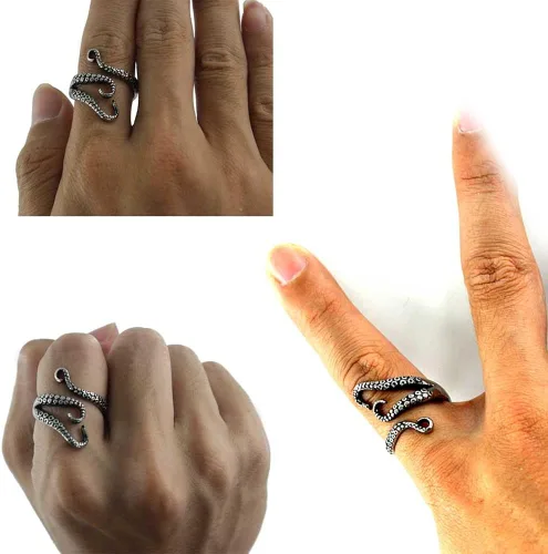 Miniatura 4 de Weelovee Anillo de pulpo antiguo punk de acero de titanio 316L para hombre y mujer, tamaño ajustable, diseño de joyería, unisex, plateado, Metal