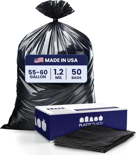 Plasticplace Bolsas de basura de 55-60 galones │ 1.2 mil │ Revestimientos negros resistentes para botes de basura │ 38 pulgadas x 58 pulgadas (50