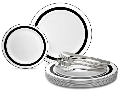 Miniatura 7 de OccasionS Paquete de 120 platos, (60 invitados), juego de platos de plástico desechables de alta calidad para bodas, 60 x 10.5 pulgadas, cena + 60