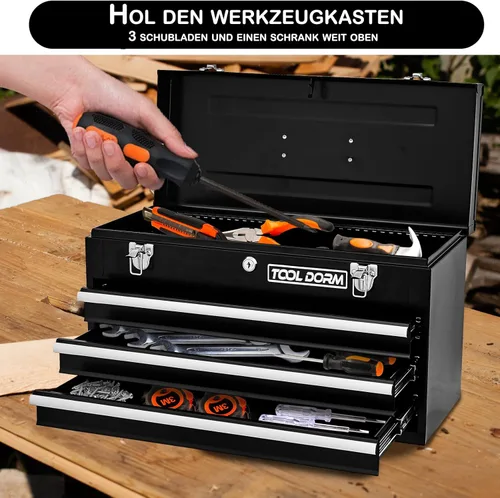 Miniatura 7 de Caja de herramientas de metal de 20.3 pulgadas con cajones, caja de herramientas de acero portátil con forro protector y cierre de pestillo y Negro