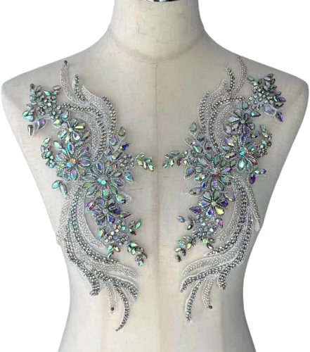 Miniatura 24 de Apliques de encaje con cuentas de diamantes de imitación hechos a mano, parches de apliques para ropa DIY, apliques de cuentas para decoración