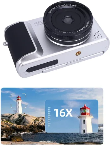 Miniatura 6 de Cámara digital 4K con pantalla abatible de 180°, zoom de 16X, apuntar y disparar, cámara compacta de viaje para principiantes (plateado)