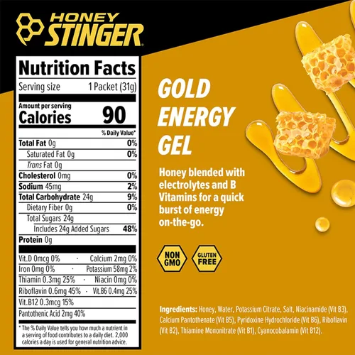 Miniatura 2 de Honey Stinger Gold Energy Gel, sin gluten y sin cafeína, para ejercicio, correr y rendimiento, nutrición deportiva para el hogar y el gimnasio, pre