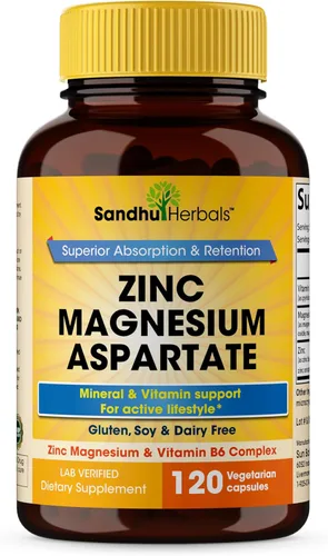 SANDHUHERBALS Suplemento de aspartato de zinc y magnesio, 120 cápsulas, con vitamina B6 y zinc, alta absorción, sueño y apoyo inmunológico, para