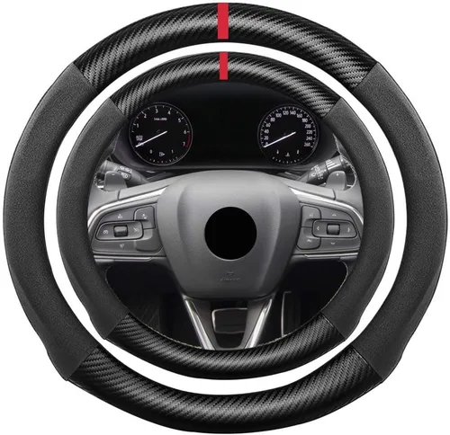 Miniatura 44 de Funda de volante de ante con fibra de carbono de K LAKEY, compatible con Porsche 718 Boxster Cayman 911 Panamera Macan Cayenne de 15 pulgadas, cuero