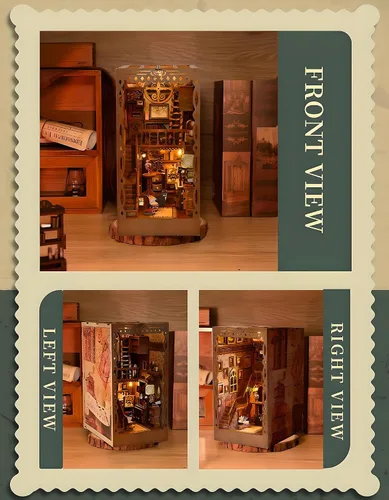 Miniatura 5 de Kit de rincón de libros en miniatura para bricolaje, biblioteca de sueños académicos con luz LED, rompecabezas de diorama de sujetalibros de madera