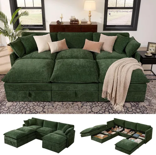 Miniatura 15 de Ihanherry Sofá cama modular de gran tamaño con almacenamiento, sofá nube modular de 6 plazas de 103 pulgadas con otomanas móviles, sofás de felpilla