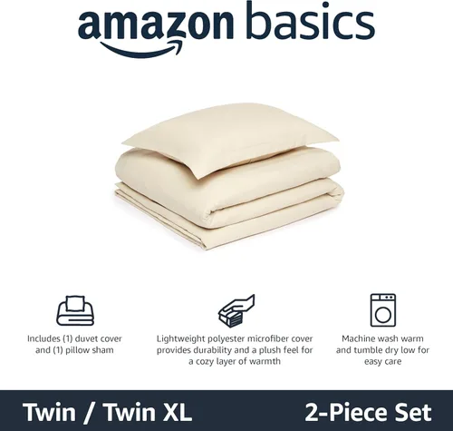 Miniatura 2 de Amazon Basics - Juego de funda de edredón de microfibra ligera de 2 piezas, beige, liso, tamaño individual / individual XL
