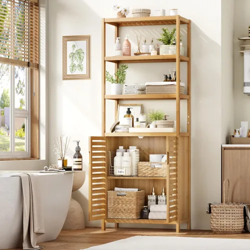 Miniatura 7 de HIFIT Armario alto de almacenamiento para baño, gabinete de baño estrecho de bambú de 66 pulgadas con 2 puertas y estantes abiertos de 4 niveles