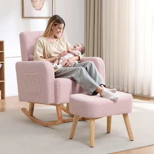 Miniatura 15 de HCHAIRH Mecedora para guardería con otomana, mecedora tapizada con respaldo alto y bolsillo lateral, sillón con patas de madera maciza para Gris