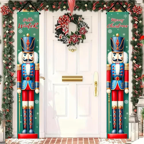 Miniatura 6 de BlissYard Estandartes de Porche Navideños de Cascanueces 12×71 Pulgadas Hola Invierno Feliz Navidad Decoraciones de Puerta Estandarte de Soldado