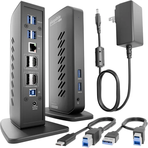 Plugable Estación de acoplamiento dual DisplayPort y HDMI - Dock USB 3.0 y USB-C para portátil para monitores duales, DisplayLink, Mac (controlador