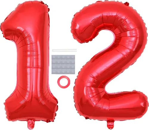 Globos rojos del número 12 de 40 pulgadas, globos de aluminio jumbo para decoración de fiesta de cumpleaños de 12 años, 12 aniversario de boda,