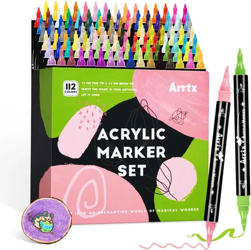 Marcadores de pintura y rotuladores de pintura Arrtx, 112 colores, punta doble de pintura acrílica para pintar en roca, cerámica, madera, plástico,
