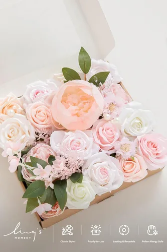 Miniatura 6 de Ling's moment Caja de flores artificiales, tallos de vegetación artificial sintética, rosas de espuma, peonía de seda, flor de tela para centros