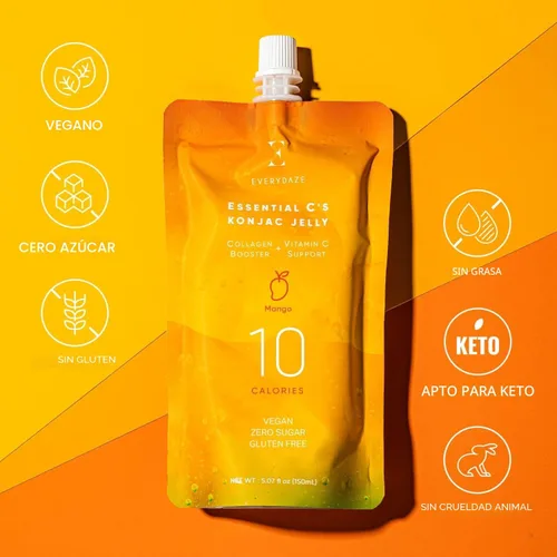 Miniatura 2 de EVERYDAZE Essential C's Colágeno + Vitamina C Konjac Jelly Vegano, 10 calorías, 0 azúcar, mango 10 paquetes Bolsa de dieta saludable bebida