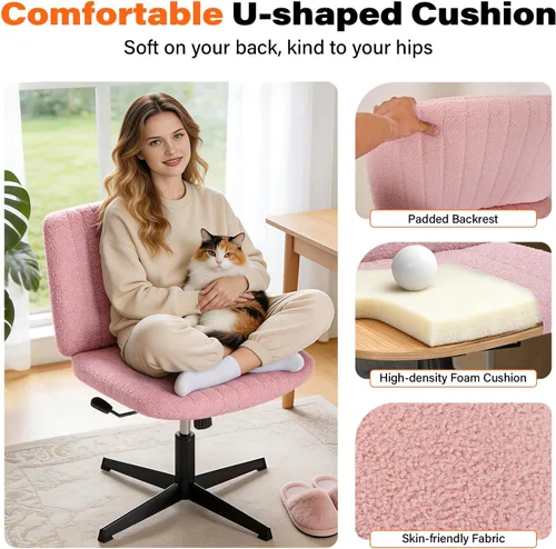 Miniatura 4 de PayLessHere Silla cruzada Rosa Silla de escritorio ancha y sin brazos sin ruedas Giratorio 360, altura ajustable y base de metal estable