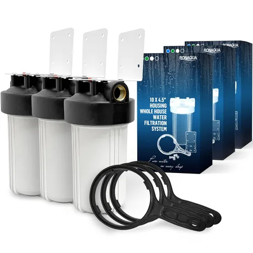 Miniatura 12 de Sistema purificador de filtro para toda la casa de 10 x 4.5 pulgadas de alta capacidad para agua de pozos o ciudades, botón de alivio de Azul