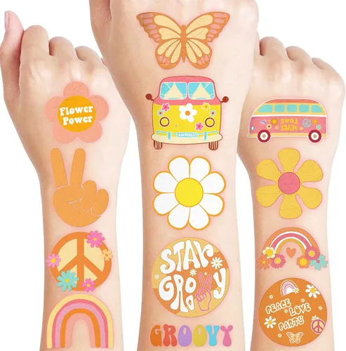 Miniatura 10 de 96 tatuajes temporales precortados de One Two Groovy de los años 60 y 70 para niños, suministros de fiesta temática de cumpleaños, decoración